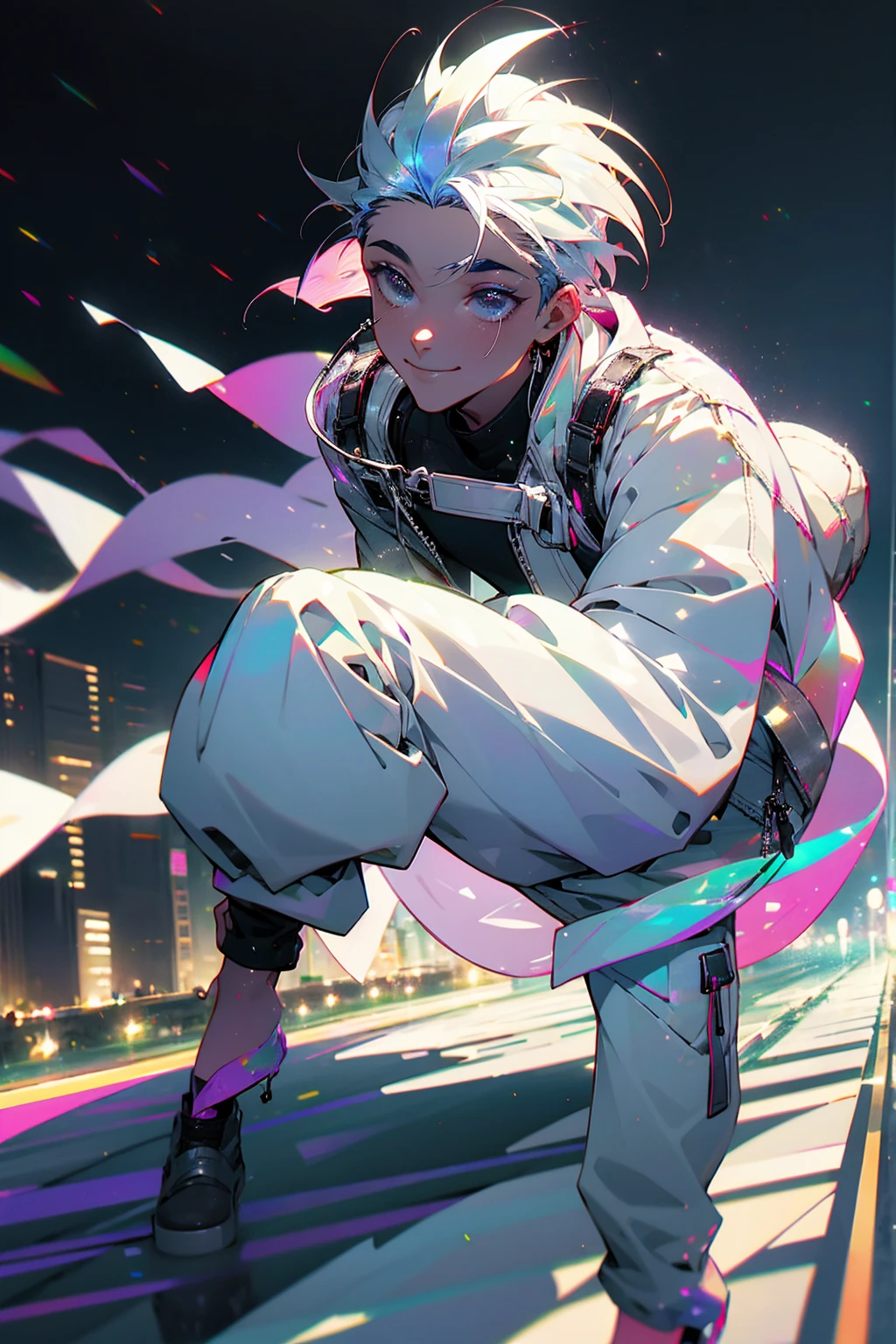 1male, iridescent hair, short hair, black eyes, smiling, open white jacket, baggy black joggers, city background, detailed background, hands to side, standing on path