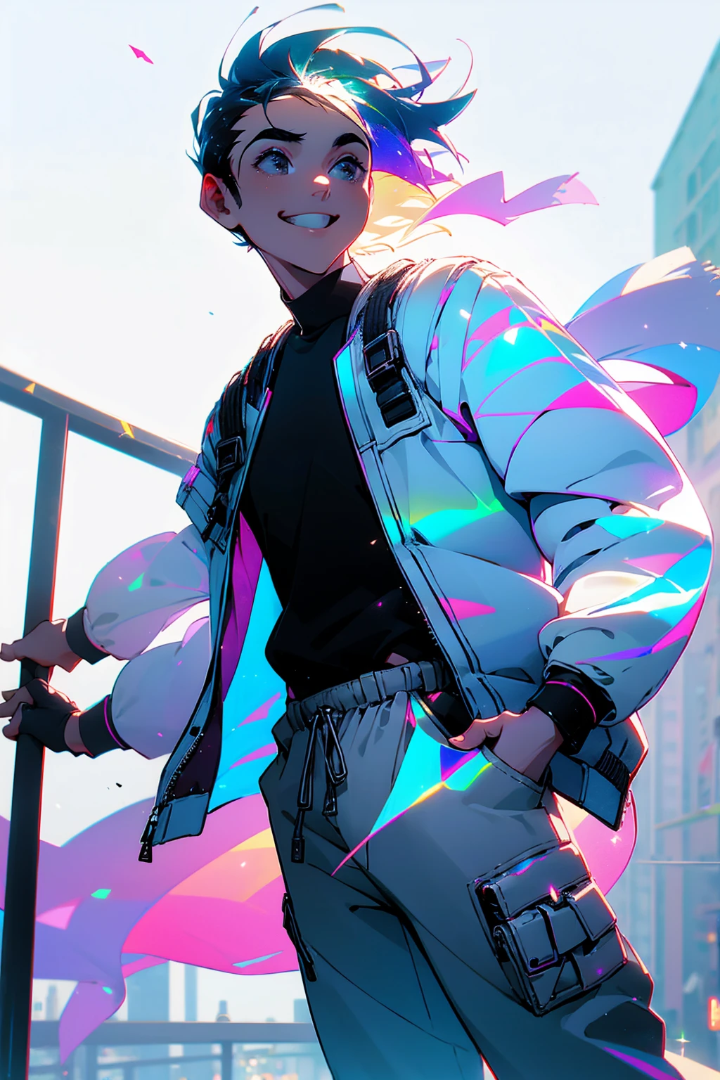 1male, iridescent hair, short hair, black eyes, smiling, open white jacket, baggy black joggers, city background, detailed background, hands to side, standing on path