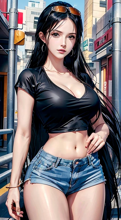 Reality,  high resolution,  Soft Light, 1 female,  Solitary,  (((Full and soft breasts,)))(((Large Breasts))) (((Cleavage))),
Hip lift,  Dynamic poses,  Shiny skin,  Jewelry,  Tattoo, thigh,Black Hair,long hair,earring,Pearls and Jewelry, Edobu Nico Robin, Streetwear, wearing glasses, t-shirt, shorts