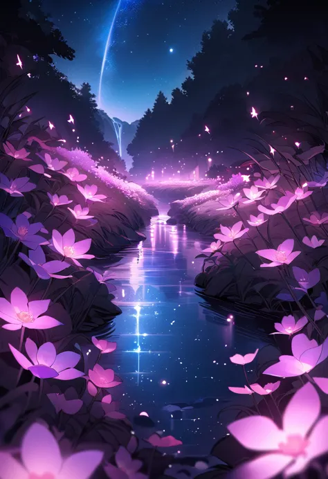 (masterpiece,best quality,absurdres,4k:1.2),landscape, moonlight, night time, stars, fireflies, flowers. night time, magical, fa...