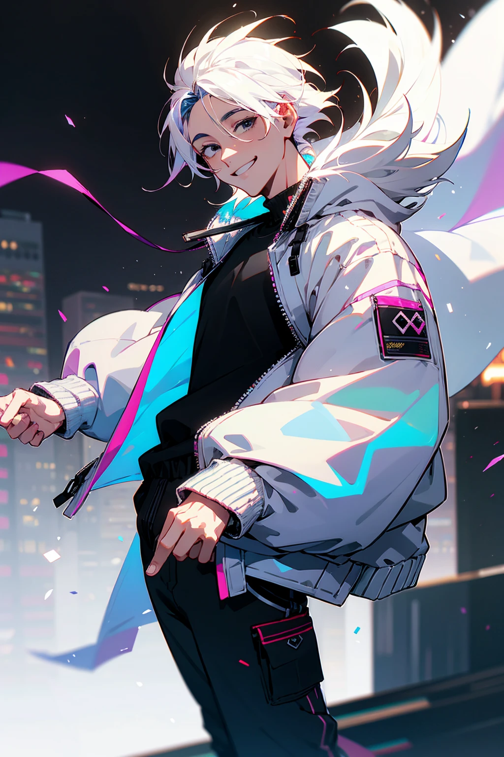 1male, iridescent hair, short hair, black eyes, smiling, open white jacket, baggy black joggers, city background, detailed background, hands to side, standing on path