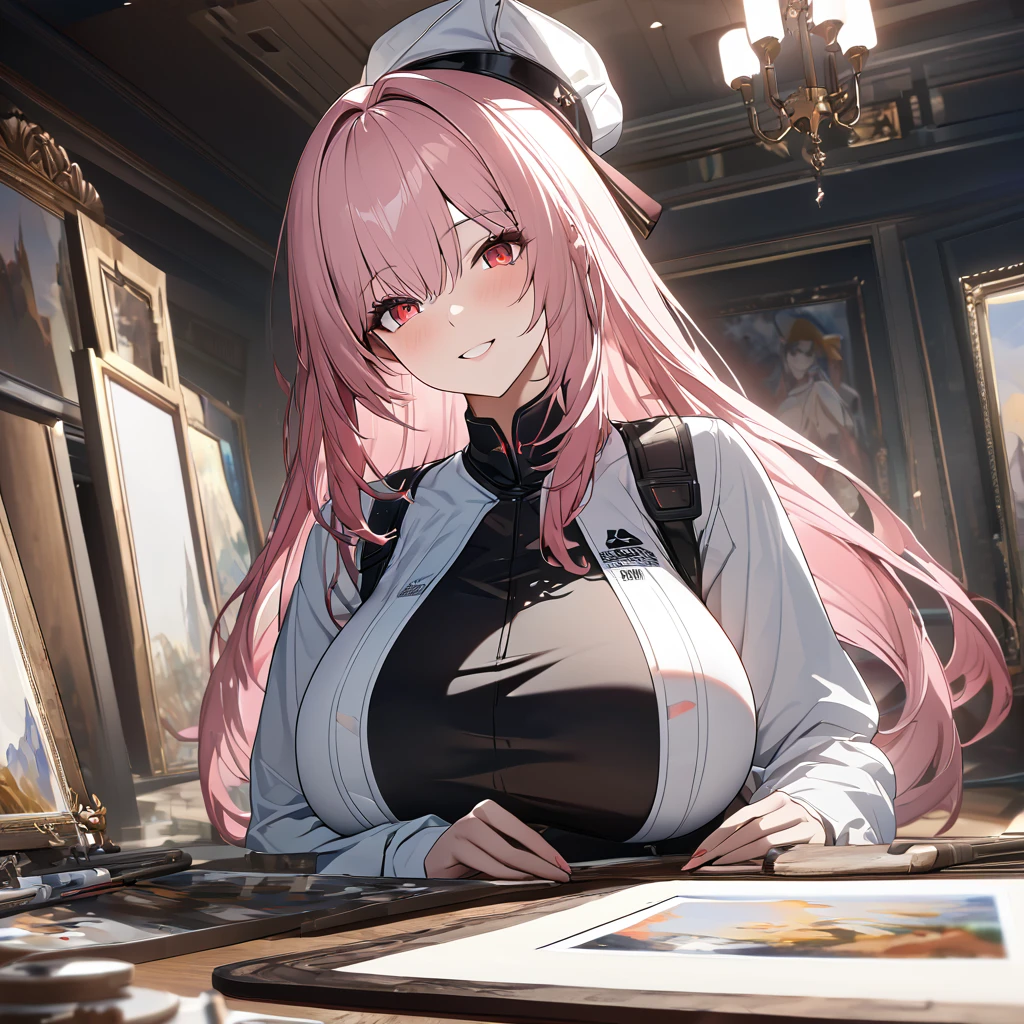 A woman wearing a professional painter's outfit, inside a painting workshop with several paintings, with painting items, painter's hat, pink hair, long hair, red eyes, smiling, big breasts, a very detailed and elegant place,UHD , work- prime, precise, anatomically correct, textured skin, super details, high quality, best quality, 8k, high resolution, bokeh effect. (woman alone)
