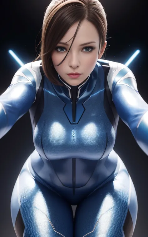 a beautiful woman in a blue zero suit, stunning proportions, detailed eyes and face, shiny skin, photorealistic, highly detailed...