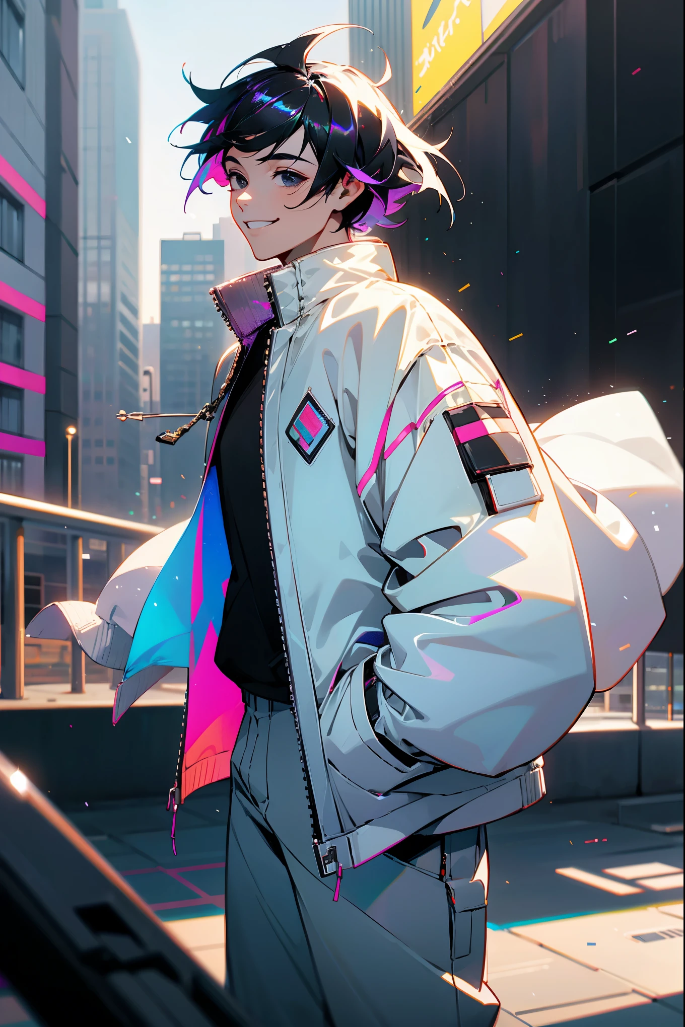 1male, iridescent hair, short hair, black eyes, smiling, open white jacket, baggy black joggers, city background, detailed background, hands to side, standing on path