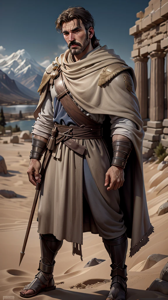 Saul of Tarsus, facing adversities and sufferings, ancient Greece, traditional robes, standing strong against challenges, rugged landscapes and hostile environments in the background, medium shot, hyper-realistic, photo realism, cinematography