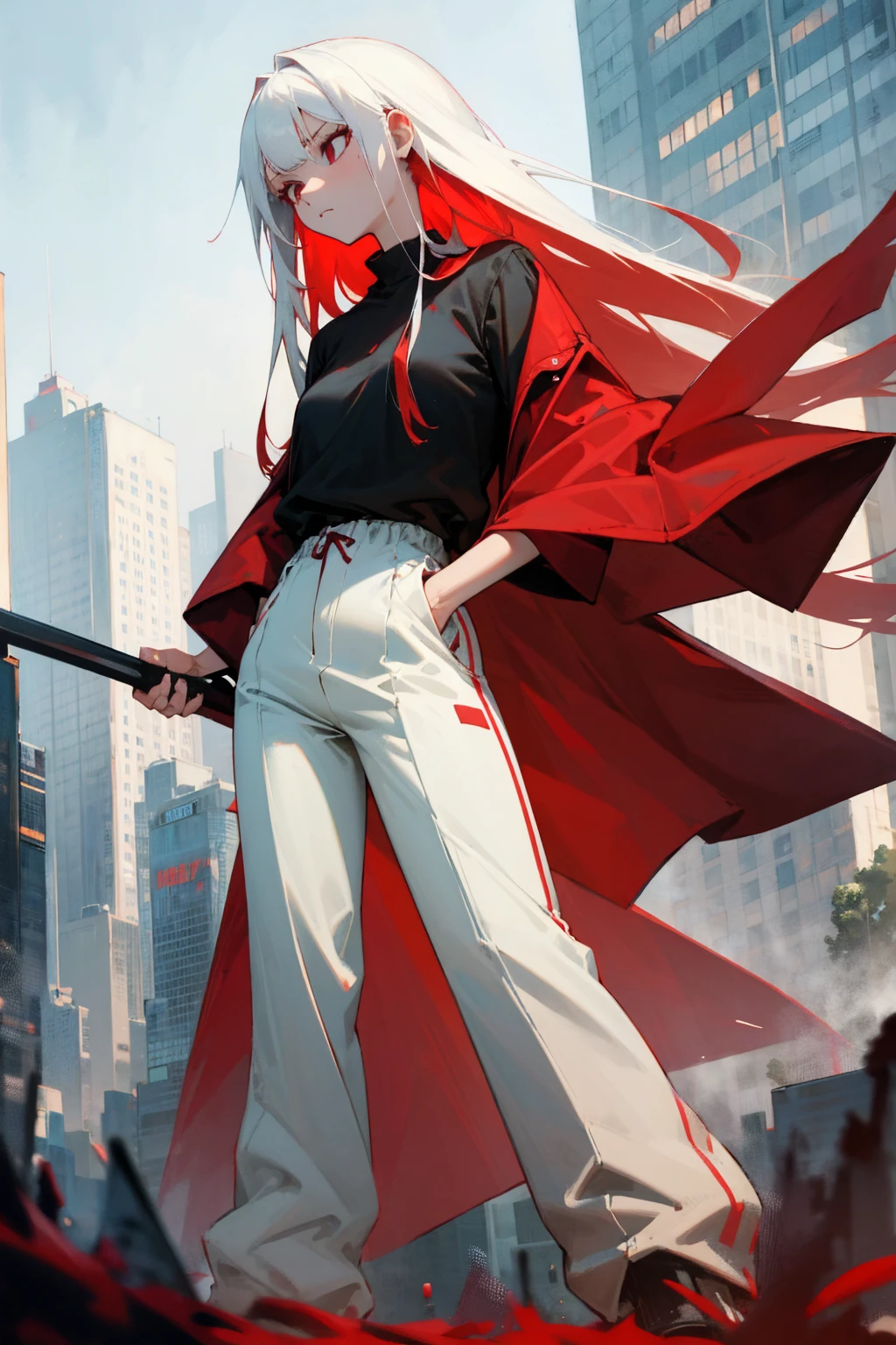 1female, white hair, red inner colored hair, long straight hair, expressionless, straight face, open red jacket, black shirt, baggy joggers, city background, detailed background, hands to side, standing on path