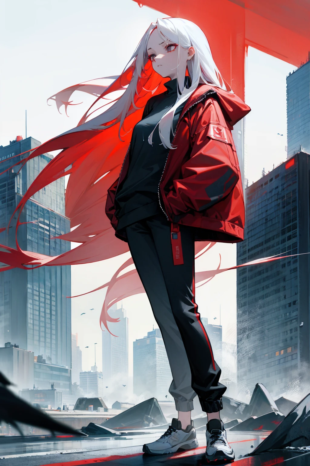 1female, white hair, red inner colored hair, long straight hair, expressionless, straight face, open red jacket, black shirt, baggy joggers, city background, detailed background, hands to side, standing on path