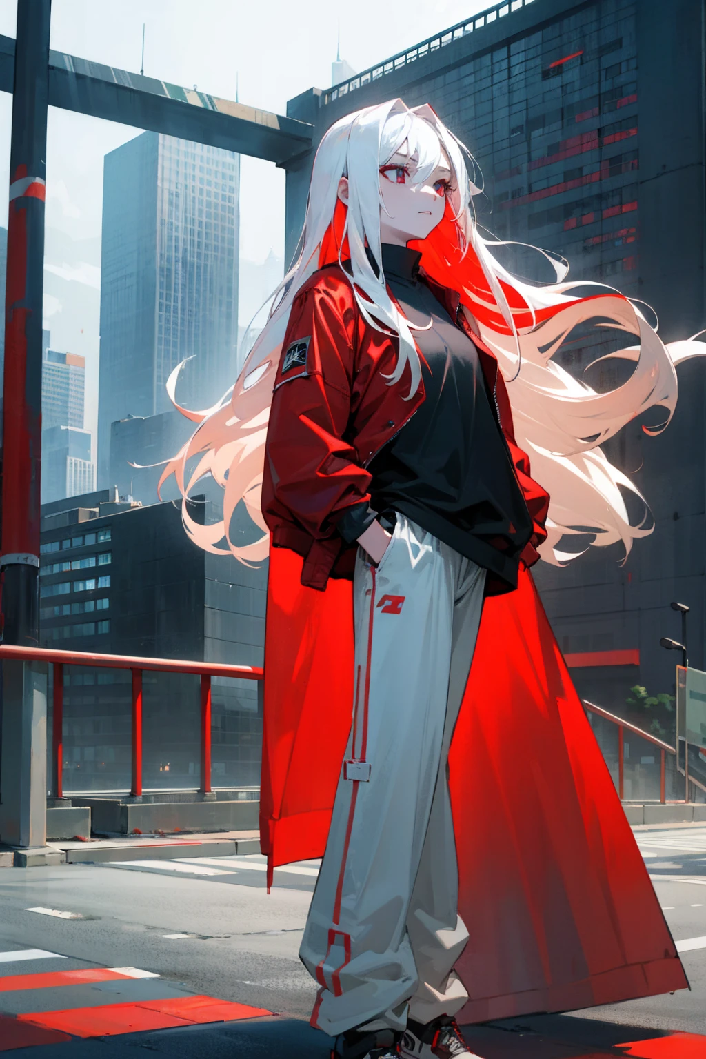 1female, white hair, red inner colored hair, long straight hair, expressionless, straight face, open red jacket, black shirt, baggy joggers, city background, detailed background, hands to side, standing on path