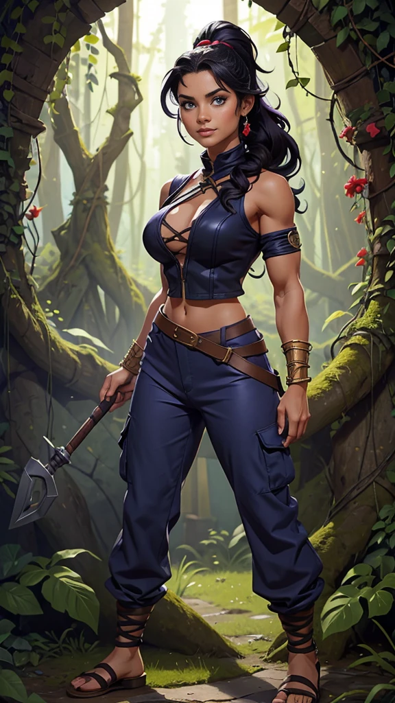 Barbarian Druid outfit, woodland armor, flowers and vines made into an outfit, Solo, female, slightly muscular, slightmuscle, big blue eyes, fantasy outfit, forest, pants, cropped jacket, modest clothingBlack hair, Black curly long hair in a ponytail, light blue eyes, tall and Toned woman, Barbarian woman, full body, aesthetic, beautiful woman,fantasy clothing, (masterpiece, best quality:1.2), solo, 1girl, smile, looking at viewer, ponytail, sandals, bare arms, no sleeves, purple and black outfit, cargo pants, red shirt, blue pants, gold accessories, light skin, bright blue eyes, wearing a battle dress