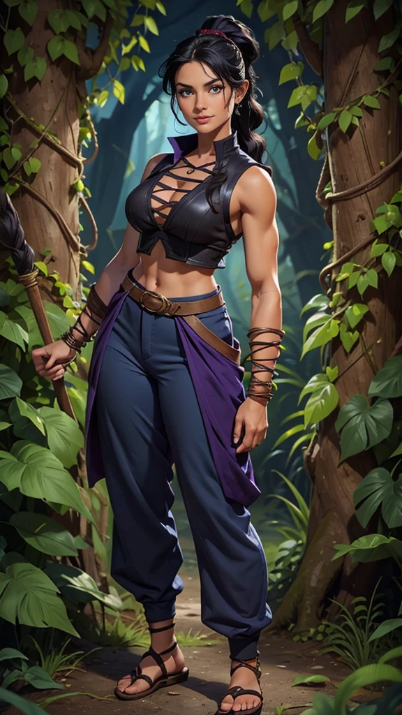 Barbarian Druid outfit, woodland armor, flowers and vines made into an outfit, Solo, female, slightly muscular, slightmuscle, big blue eyes, fantasy outfit, forest, pants, cropped jacket, modest clothingBlack hair, Black curly long hair in a ponytail, light blue eyes, tall and Toned woman, Barbarian woman, full body, aesthetic, beautiful woman,fantasy clothing, (masterpiece, best quality:1.2), solo, 1girl, smile, looking at viewer, ponytail, sandals, bare arms, no sleeves, purple and black outfit, cargo pants, red shirt, blue pants, gold accessories, light skin, bright blue eyes, wearing a battle dress