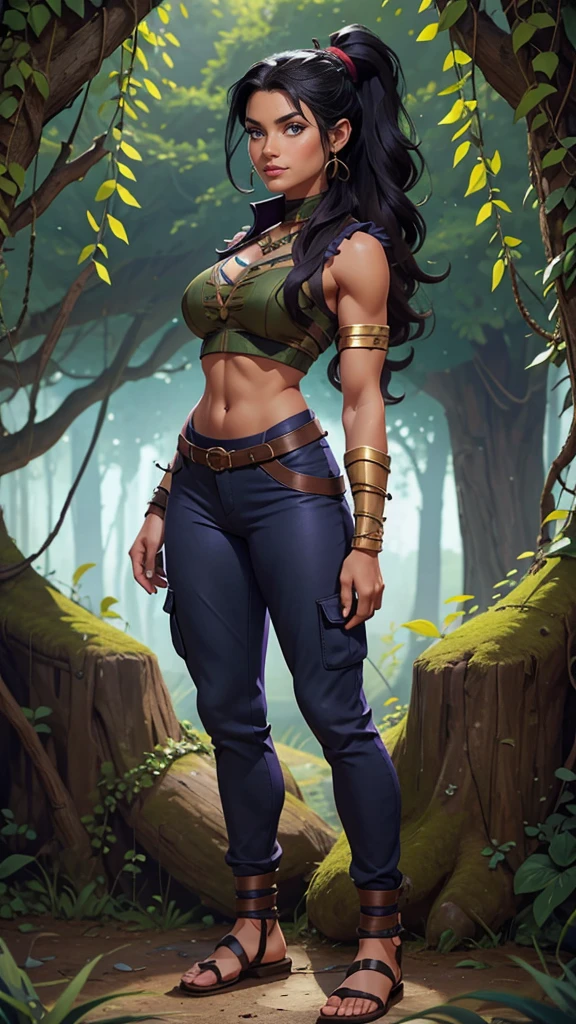 Barbarian Druid outfit, woodland armor, flowers and vines made into an outfit, Solo, female, slightly muscular, slightmuscle, big blue eyes, fantasy outfit, forest, pants, cropped jacket, modest clothingBlack hair, Black curly long hair in a ponytail, light blue eyes, tall and Toned woman, Barbarian woman, full body, aesthetic, beautiful woman,fantasy clothing, (masterpiece, best quality:1.2), solo, 1girl, smile, looking at viewer, ponytail, sandals, bare arms, no sleeves, purple and black outfit, cargo pants, red shirt, blue pants, gold accessories, light skin, bright blue eyes, wearing a battle dress