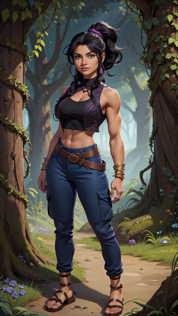 Barbarian Druid outfit, woodland armor, flowers and vines made into an outfit, Solo, female, slightly muscular, slightmuscle, big blue eyes, fantasy outfit, forest, pants, cropped jacket, modest clothingBlack hair, Black curly long hair in a ponytail, light blue eyes, tall and Toned woman, Barbarian woman, full body, aesthetic, beautiful woman,fantasy clothing, (masterpiece, best quality:1.2), solo, 1girl, smile, looking at viewer, ponytail, sandals, bare arms, no sleeves, purple and black outfit, cargo pants, red shirt, blue pants, gold accessories, light skin, bright blue eyes, wearing a battle dress