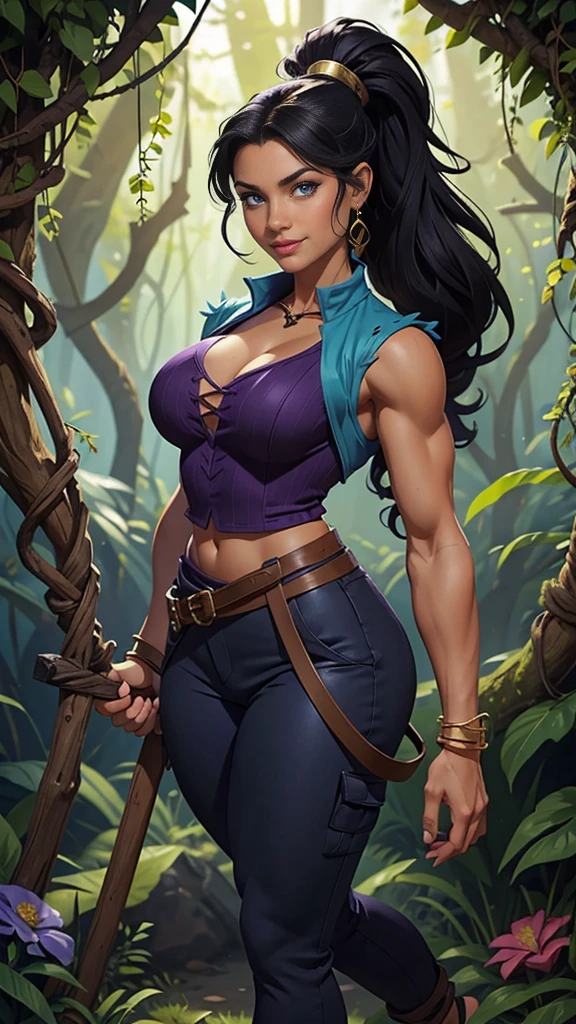 Barbarian Druid outfit, woodland armor, flowers and vines made into an outfit, Solo, female, slightly muscular, slightmuscle, big blue eyes, fantasy outfit, forest, pants, cropped jacket, modest clothingBlack hair, Black curly long hair in a ponytail, light blue eyes, tall and Toned woman, Barbarian woman, full body, aesthetic, beautiful woman,fantasy clothing, (masterpiece, best quality:1.2), solo, 1girl, smile, looking at viewer, ponytail, sandals, bare arms, no sleeves, purple and black outfit, cargo pants, red shirt, blue pants, gold accessories, light skin, bright blue eyes, wearing a battle dress