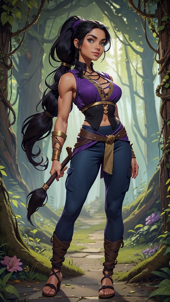 Barbarian Druid outfit, woodland armor, flowers and vines made into an outfit, Solo, female, slightly muscular, slightmuscle, big blue eyes, fantasy outfit, forest, pants, cropped jacket, modest clothingBlack hair, Black curly long hair in a ponytail, light blue eyes, tall and Toned woman, Barbarian woman, full body, aesthetic, beautiful woman,fantasy clothing, (masterpiece, best quality:1.2), solo, 1girl, smile, looking at viewer, ponytail, sandals, bare arms, no sleeves, purple and black outfit, cargo pants, red shirt, blue pants, gold accessories, light skin, bright blue eyes, wearing a battle dress