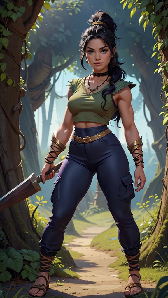 Barbarian Druid outfit, woodland armor, flowers and vines made into an outfit, Solo, female, slightly muscular, slightmuscle, big blue eyes, fantasy outfit, forest, pants, cropped jacket, modest clothingBlack hair, Black curly long hair in a ponytail, light blue eyes, tall and Toned woman, Barbarian woman, full body, aesthetic, beautiful woman,fantasy clothing, (masterpiece, best quality:1.2), solo, 1girl, smile, looking at viewer, ponytail, sandals, bare arms, no sleeves, purple and black outfit, cargo pants, red shirt, blue pants, gold accessories, light skin, bright blue eyes, wearing a battle dress