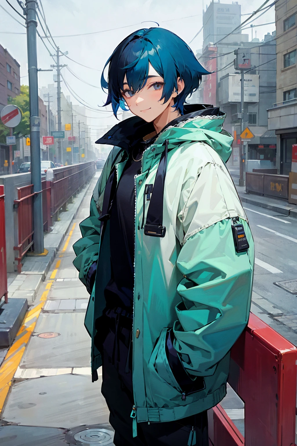 1male, blue hair, black hair, half color hair, smiling, open jacket, baggy joggers, city background, detailed background, hands to side, standing on path