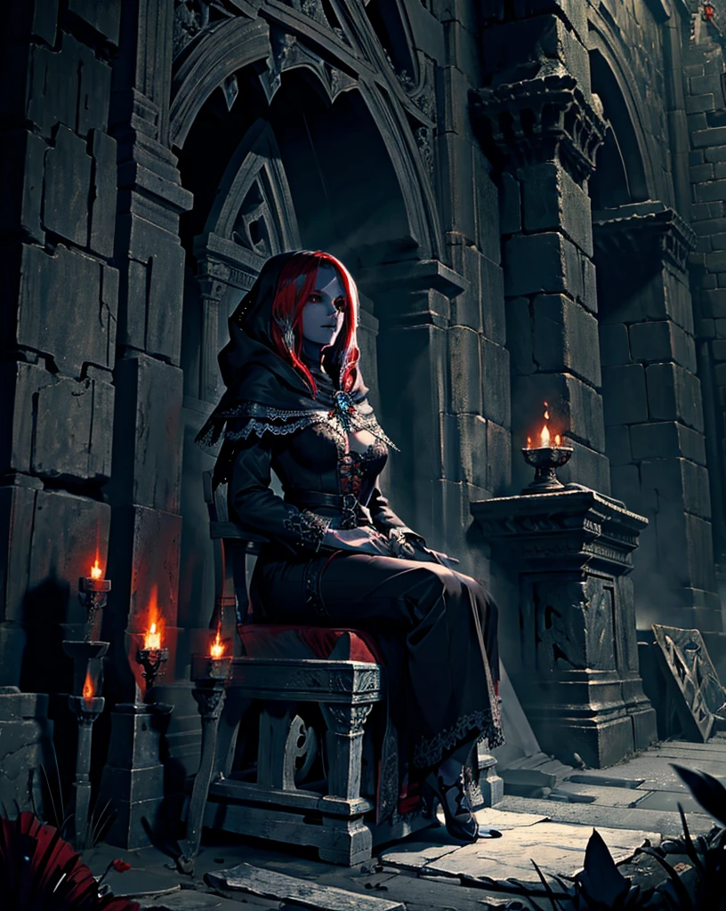 (best quality), (masterpiece), (high resolution), [:intricate details:], (detailed background) Ashely Graham, a hooded woman sitting on a throne with skulls around her, she has red eyes,her outfit has red color, her skin is white like a vampire, dark fantasy art, vampire queen, gothic fantasy art, dark sorceress, dark fantasy style art, epic fantasy art style hd, evil sorceress, necromancer sorceress, dark fantasy art, beautiful necromancer, (sage aura effect around the throne)