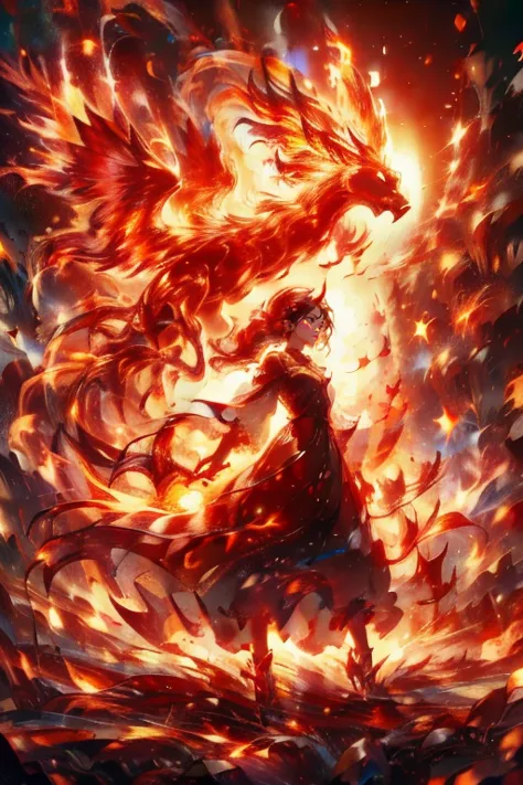 1girl,she has red eyes,brilliant,phoenix,fire,flare,around fire aura, explosionmagic,she holding sword,she is warrior,knight,