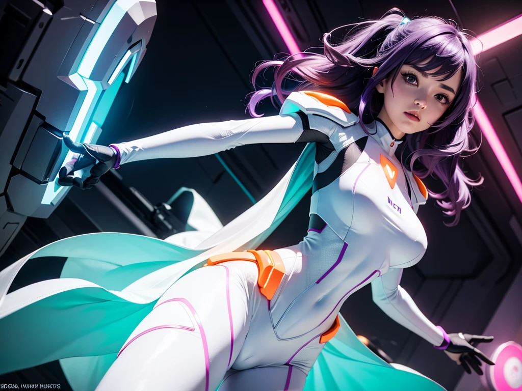 girl with violet hair, white and orange futuristic power suit, big hips, moderate breasts, futuristic white background, cyan and fuchsia neon lights, dynamic lighting, high definition.
