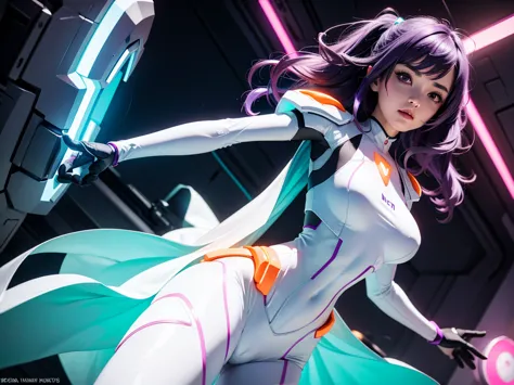 girl with violet hair, white and orange futuristic power suit, big hips, moderate breasts, futuristic white background, cyan and...