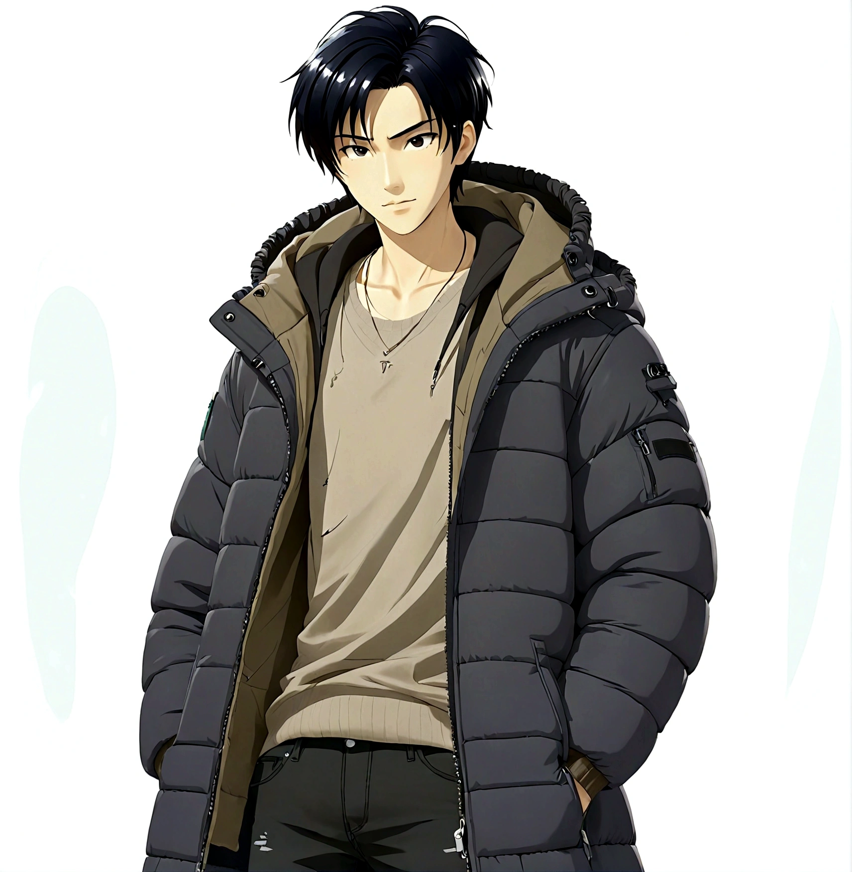 1boy，Black eyes，black hair，White shirt，Cardigan，Black down jacket，hood，hood羽绒，Male focus，solo，Upper Body