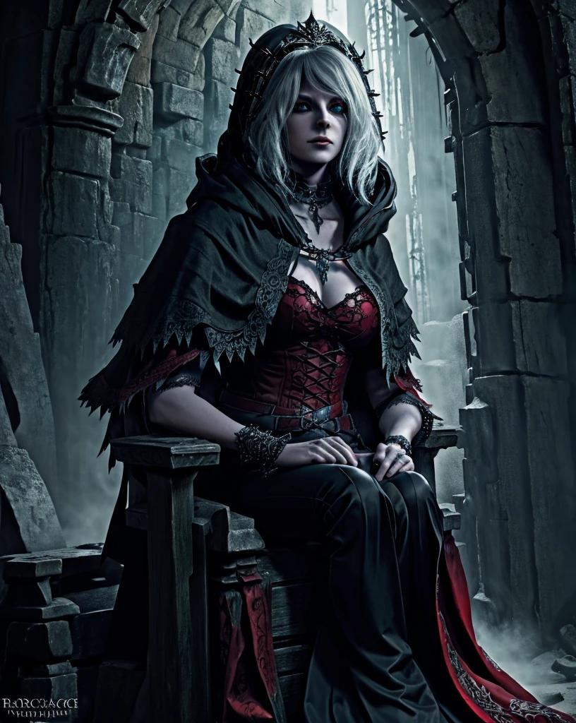 (best quality), (masterpiece), (high resolution), [:intricate details:], (detailed background) Ashely Graham, a hooded woman sitting on a throne with skulls around her, she has red eyes,her outfit has red color, her skin is white like a vampire, dark fantasy art, vampire queen, gothic fantasy art, dark sorceress, dark fantasy style art, epic fantasy art style hd, evil sorceress, necromancer sorceress, dark fantasy art, beautiful necromancer, (sage aura effect around the throne)