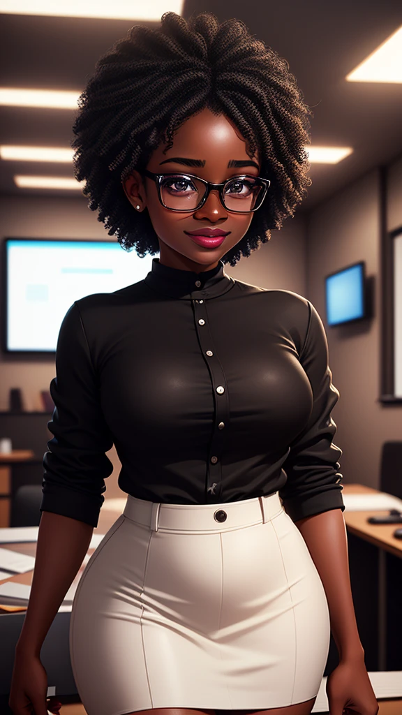 girl in an office, detailed facial features, 1girl, black woman, standing pose, glasses, plump glossy lips, lip gloss, long eyelashes, dark brown eyes, black curly hair, photorealistic, high-quality, hyper-realistic, cinematic lighting, dramatic lighting, intricate details, elegant, professional, fashion photography style, warm color tones, studio lighting