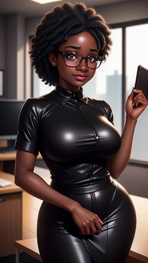 girl in an office, detailed facial features, 1girl, black woman, standing pose, glasses, plump glossy lips, lip gloss, long eyelashes, dark brown eyes, black curly hair, photorealistic, high-quality, hyper-realistic, cinematic lighting, dramatic lighting, intricate details, elegant, professional, fashion photography style, warm color tones, studio lighting