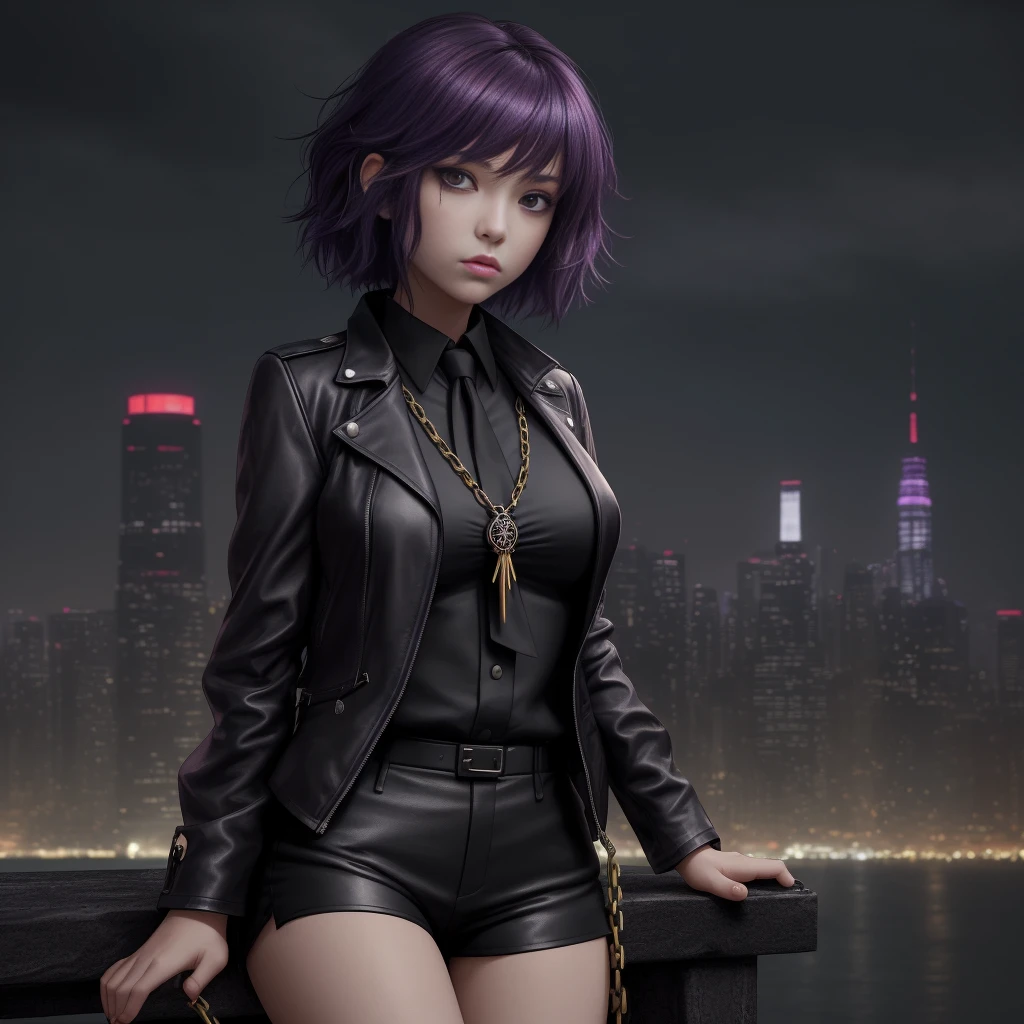 A single girl, depicted in a solo portrait, is the focus of this official art piece. The image is an 8k resolution wallpaper that showcases an ultra-detailed close-up of her face. It's a beautiful and aesthetic representation, truly a gorgeous masterpiece of the highest quality. The atmosphere is fantastic, with a calming color palette and a quiet mood enhanced by soft shading. She embodies a priestess named Miko, complete with a charm spell and a family talisman, fulfilling her priestess duties. The dark aesthetic is complemented by her attire—a suit and tie paired with black leather shorts adorned with numerous chains, and a black leather jacket. The backdrop features the cityscape of Tokyo, while her messy short purple hair adds a touch of chaos to the serene composition.