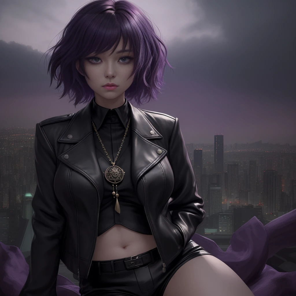 A single girl, depicted in a solo portrait, is the focus of this official art piece. The image is an 8k resolution wallpaper that showcases an ultra-detailed close-up of her face. It's a beautiful and aesthetic representation, truly a gorgeous masterpiece of the highest quality. The atmosphere is fantastic, with a calming color palette and a quiet mood enhanced by soft shading. She embodies a priestess named Miko, complete with a charm spell and a family talisman, fulfilling her priestess duties. The dark aesthetic is complemented by her attire—a suit and tie paired with black leather shorts adorned with numerous chains, and a black leather jacket. The backdrop features the cityscape of Tokyo, while her messy short purple hair adds a touch of chaos to the serene composition.