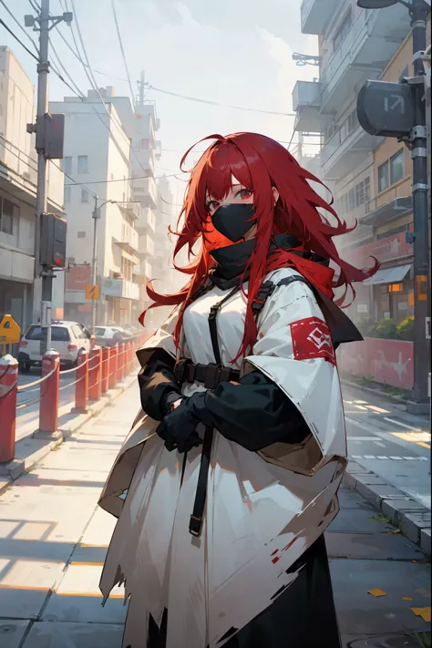 1female, shaggy hair, red hair, messy unbrushed hair, white mask, baggy clothing, city background, detailed background, hands to...