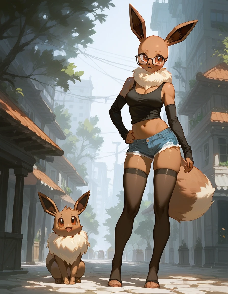 Solo, score_9,score_8_up,score_7_up, an Anthro furry female eevee pokemon, brown eyes, bald, tall slender body, wearing black tank top, nerdy glasses, black arm warmers, jean shorts, black thigh highs with exposed toes,  toes