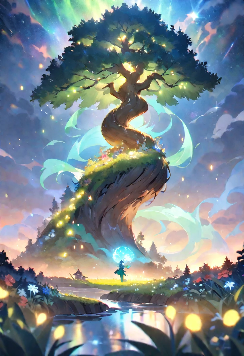(masterpiece,best quality,absurdres,4k:1.2),genshin landscape, moonlight, night time, stars, fireflies, flowers. giant oak tree with twisting trunk, magical, fantasy, mythical, 4k, 8k, extremely clear, masterpiece, field of depth, hdr, detailed, hyper quality, vibrant, sharp focus, good composition, vivid, bright colors, high contrast,small creek reflecting starry sky,venti genshin impact,ladyshadow