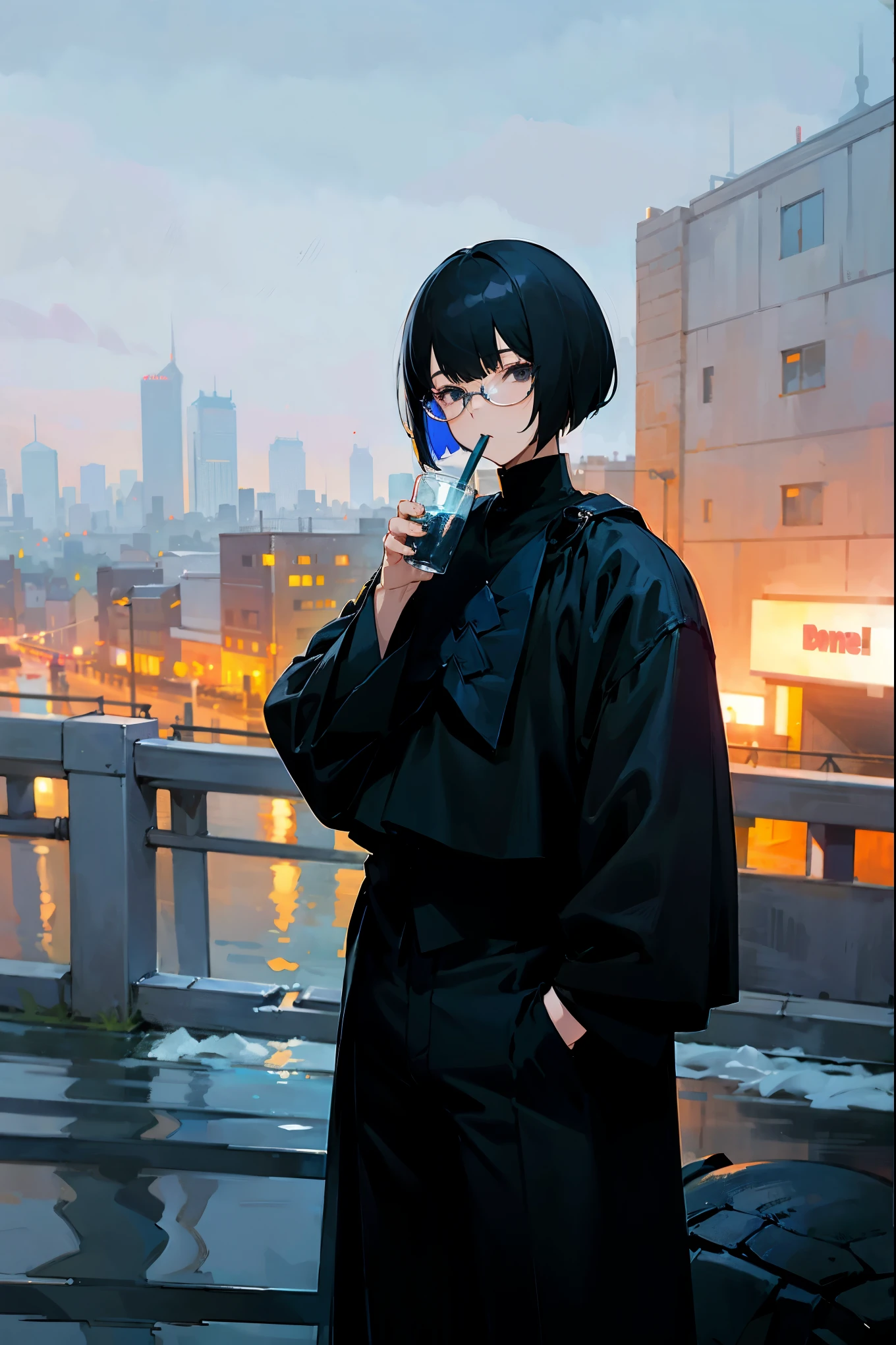 1male, black bowl cut, black eyes, black turtle neck, black pants, blue glasses, sipping drink, city background, detailed background, hands to side, standing on path