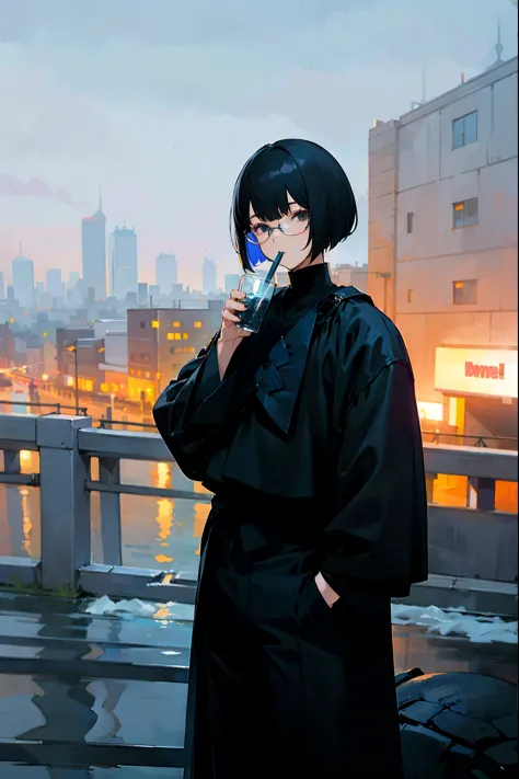 1male, black bowl cut, black eyes, black turtle neck, black pants, blue glasses, sipping drink, city background, detailed backgr...