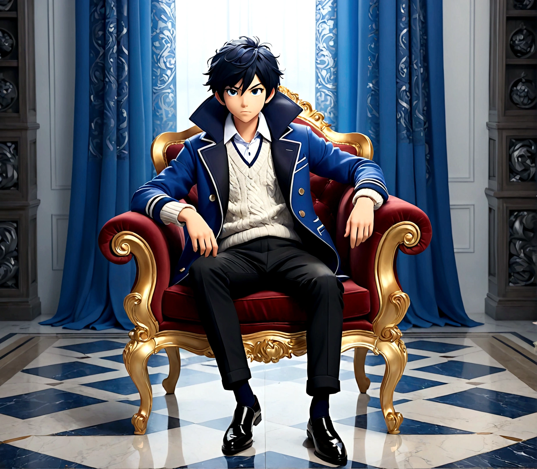 1boy，Black Hair，White sweater，Blue coat，Gorgeous chairs，Marble Flooring，blue curtains，Male focus，Sitting，solo