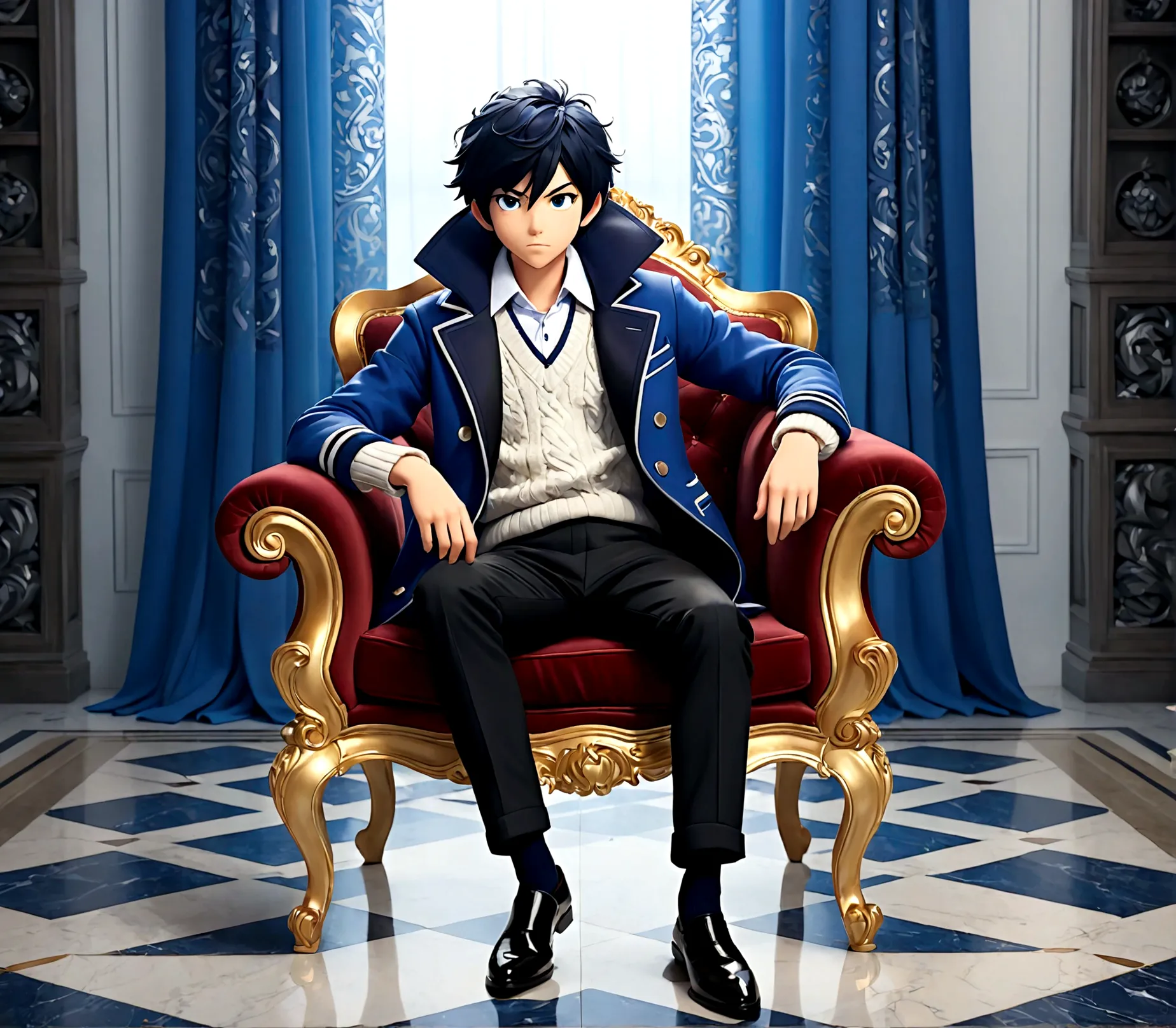 1boy，black hair，white sweater，blue coat，gorgeous chairs，marble flooring，blue curtains，male focus，sitting，solo