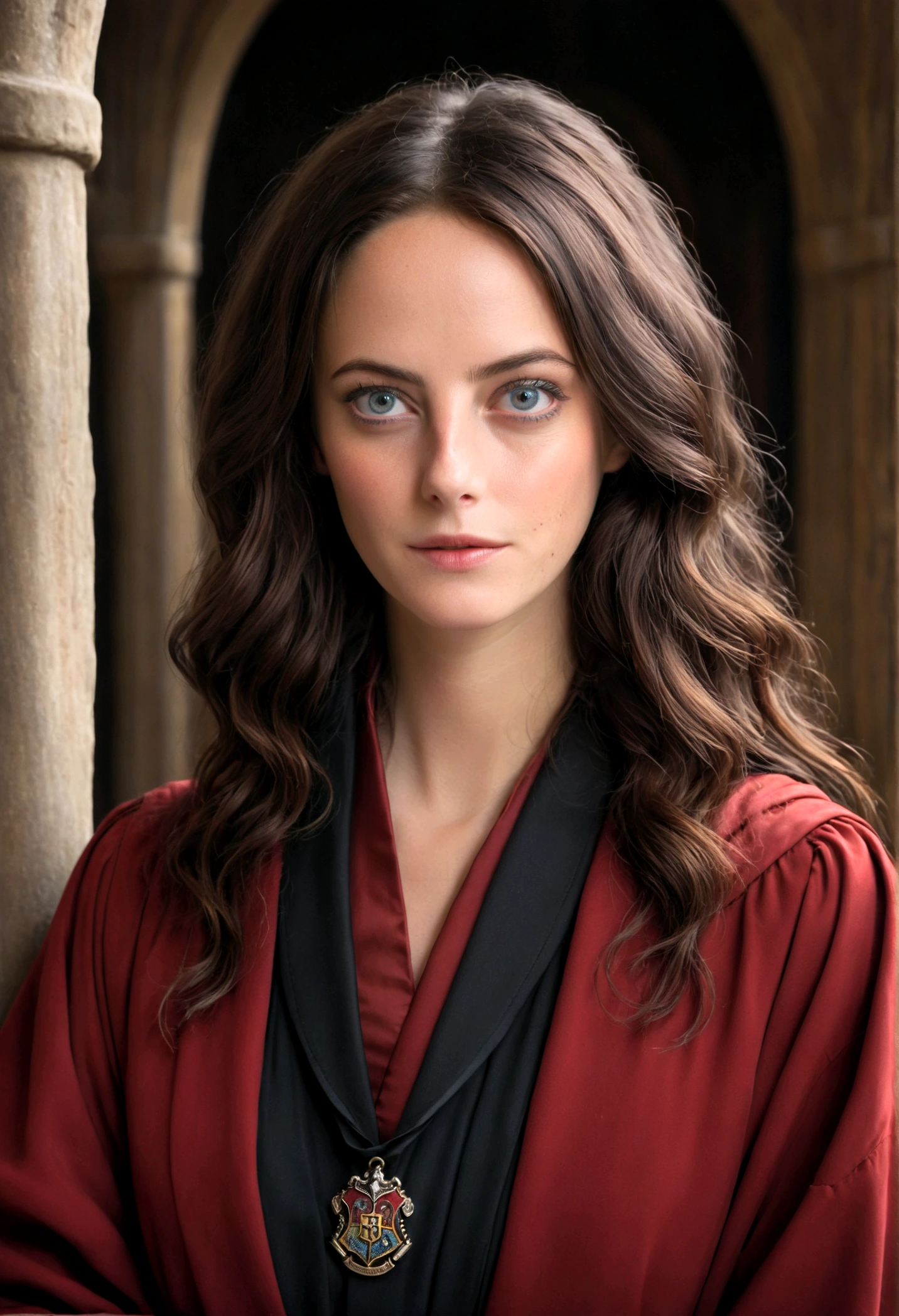 ((medium close-up))),1girl in,8K, Raw photography, top-quality, ​masterpiece, realisitic,Robes,wearing black wizard robes, magic , looks like an aged 29 Kaya Scodelario, aged 34, wearing robes and neckties, hogwarts style, wearing red sorcerer's robes, High quality clothing, (Canon EOS 5D Mark IV Camera, Famous for capturing vibrant colors and rich textures:1.2)
