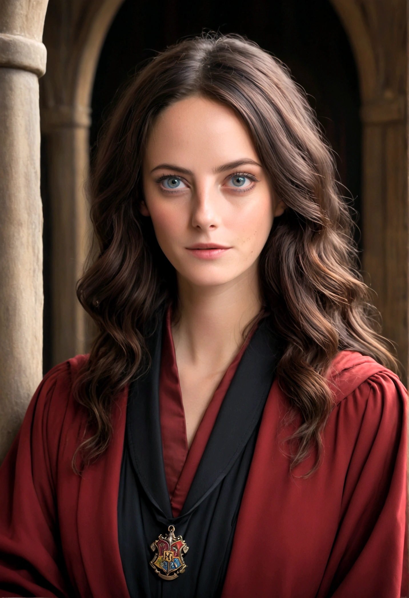 ((medium close-up))),1girl in,8K, Raw photography, top-quality, ​masterpiece, realisitic,Robes,wearing black wizard robes, magic , looks like an aged 29 Kaya Scodelario, aged 34, wearing robes and neckties, hogwarts style, wearing red sorcerer's robes, High quality clothing, (Canon EOS 5D Mark IV Camera, Famous for capturing vibrant colors and rich textures:1.2)
