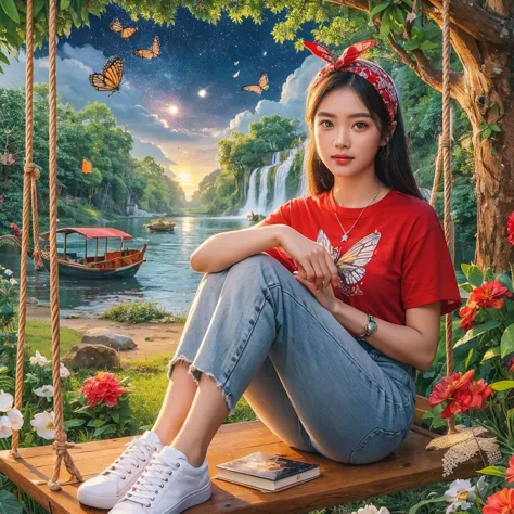 a beautiful indonesian woman with a clean and gentle face wearing a red t-shirt, white jeans, white sneakers and bandana, posing...