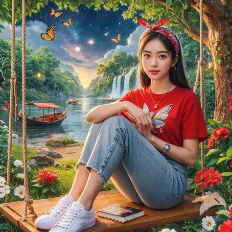 A beautiful Indonesian woman with a clean and gentle face wearing a red t-shirt, white jeans, white sneakers and bandana, posing...