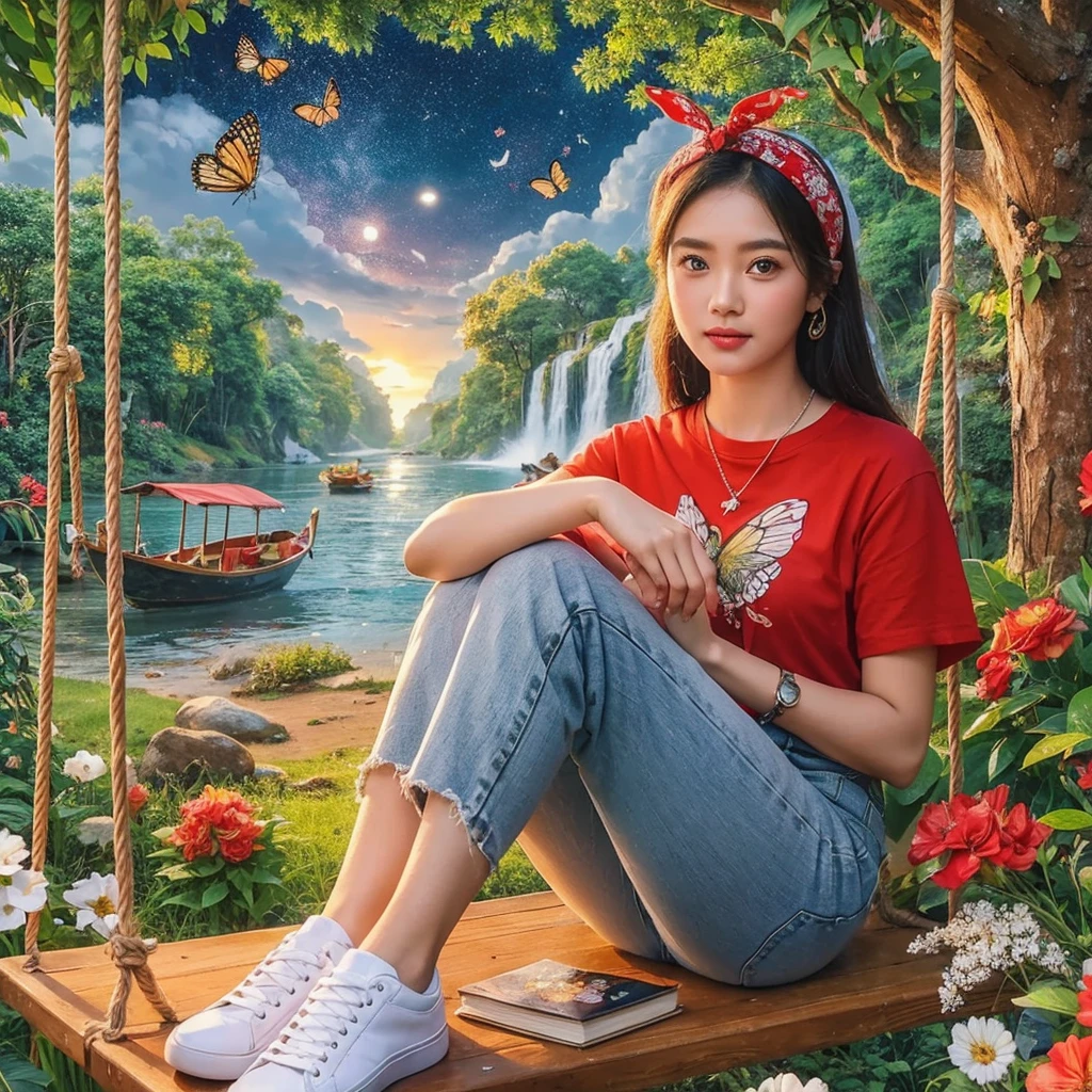 一位美麗的印尼女人，臉乾淨溫柔，穿著紅色 T 卹, 白色牛仔褲, 白色運動鞋和頭巾, 坐在樹下的木製鞦韆上，周圍有花和蝴蝶, 以自然風光為背景, 有一條河, 瀑布, 船,和夜晚的白天 ,星星和光月 ,拿著一本書的時候 ,逼真高清高品質攝影超細節臉部, 18k相機佳能