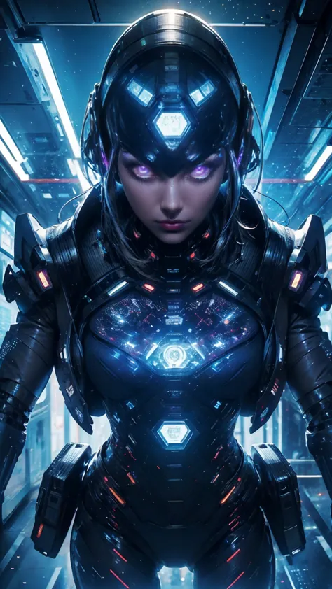 Angle from above, at night. A beautiful and sexy cyborg girl, long hair, blue hair, sexy carbon fiber and purple cybernetic augm...