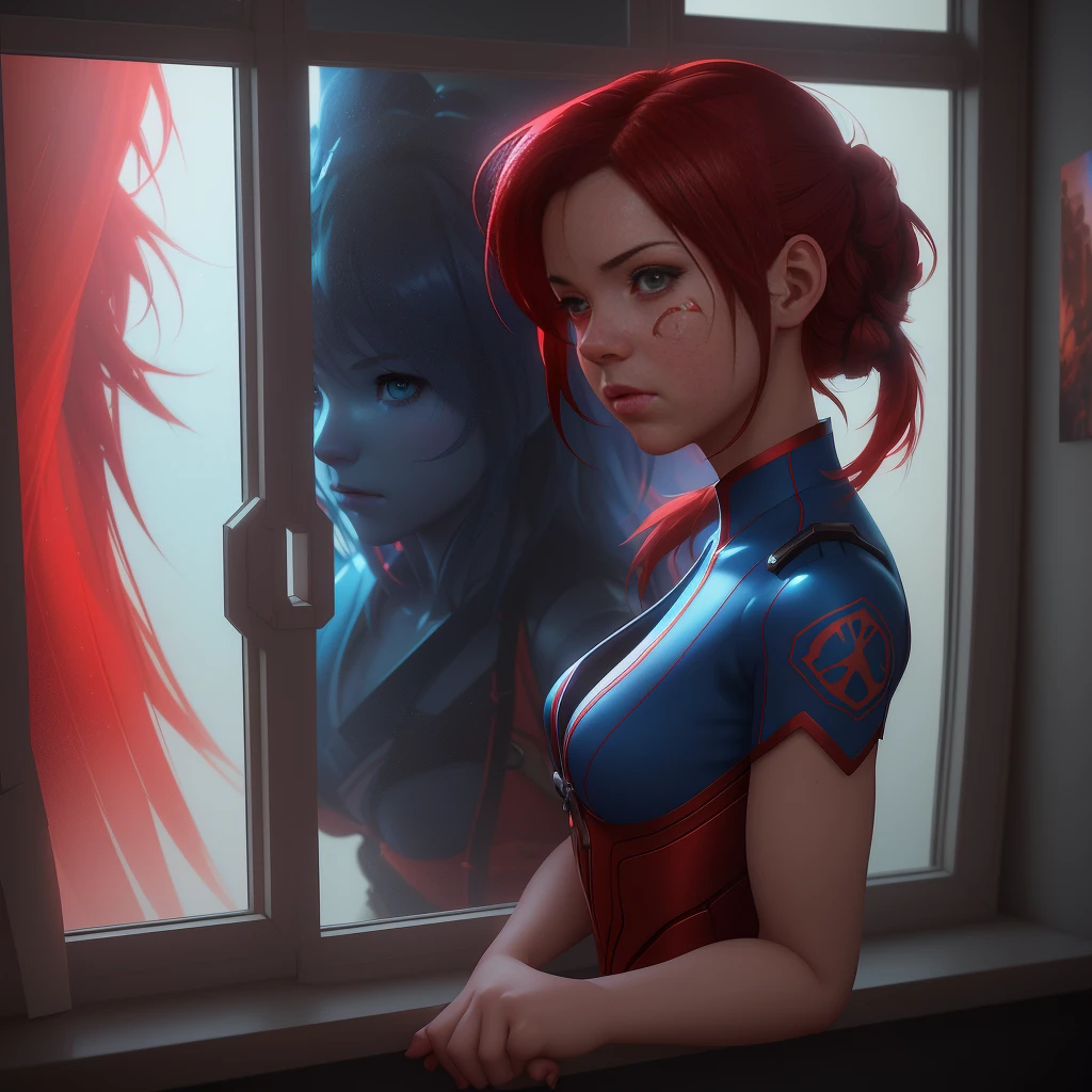 Une image conçue d'une fille en costume rouge et bleu regardant par une fenêtre, dans le style de Wojtek Fus, Ross Tran, et CGSociety, avec un style anime 3D réaliste, qui rappelle Artgerm, Atey Ghaïlan, et Ilya Kuvshinov, en résolution 4K, inspiré par le cinéma CGSociety.