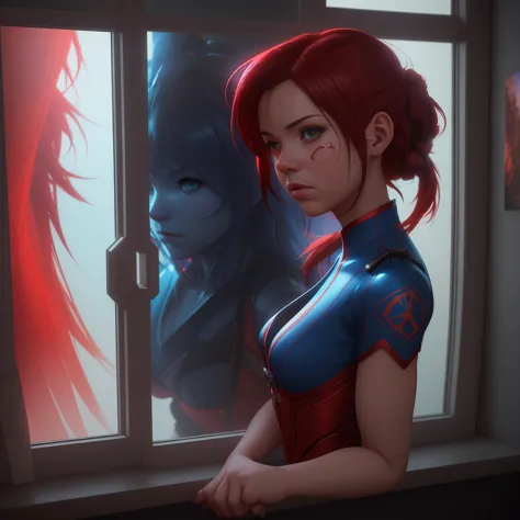 A crafted image of a girl in a red and blue costume looking out a window, in the styles of Wojtek Fus, Ross Tran, and CGSociety,...