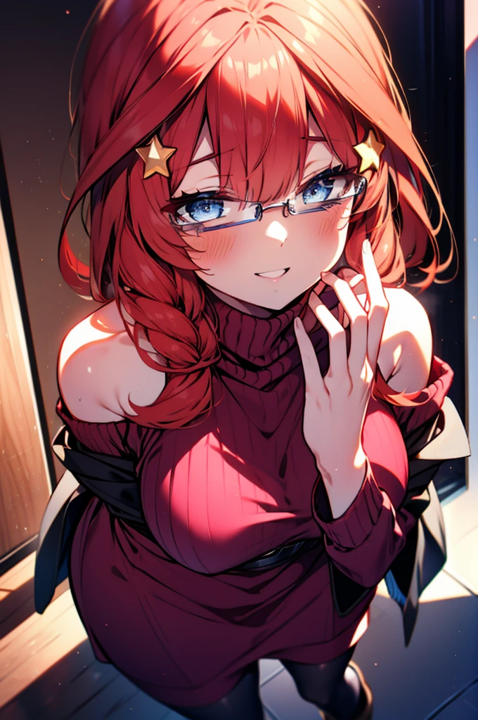 itsukinakano, Itsuki Nakano, bangs, blue eyes, Hair between the eyes, Ahoge, Redhead, star \(symbol\), hair ornaments, star hair ornaments,happy smile, smile, Open your mouth,blush,Akabuchi Glasses,Big Breasts,Long braids,One-shoulder sweater,Long skirt,Black pantyhose,short boots,Daytime,walking,whole bodyがイラストに入るように,crowd, people々々,
break indoors, Shopping mall,
break looking at viewer, whole body,(Cowboy Shot:1. 5) ,
break (masterpiece:1.2), highest quality, High resolution, unity 8k wallpaper, (figure:0.8), (Beautiful fine details:1.6), Highly detailed face, Perfect lighting, Highly detailed CG, (Perfect hands, Perfect Anatomy),