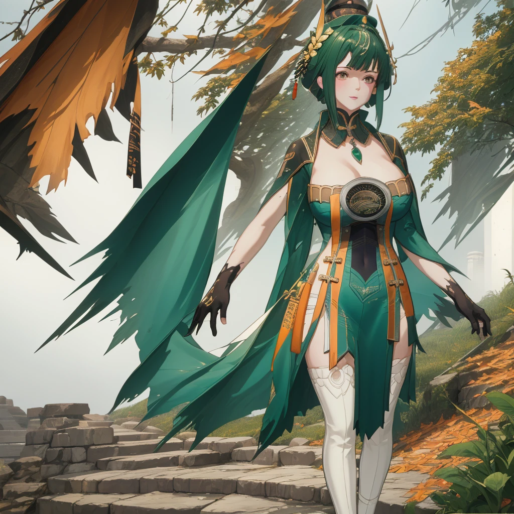 A woman wearing a green dress with white details, green hair, orange eyes, walking on a staircase from a high point of a large Chinese rocky mountain, some trees with orange autumn leaves, leaves falling mist in place, smiling.HDR, ultra resolution, well defined, masterpiece, 8K HD. (solo woman),.(solo woman),flower, UHD, masterpiece, accurate, anatomically correct, textured skin, super detail, high quality, best quality, 8k, high resolution, bokeh effect.
