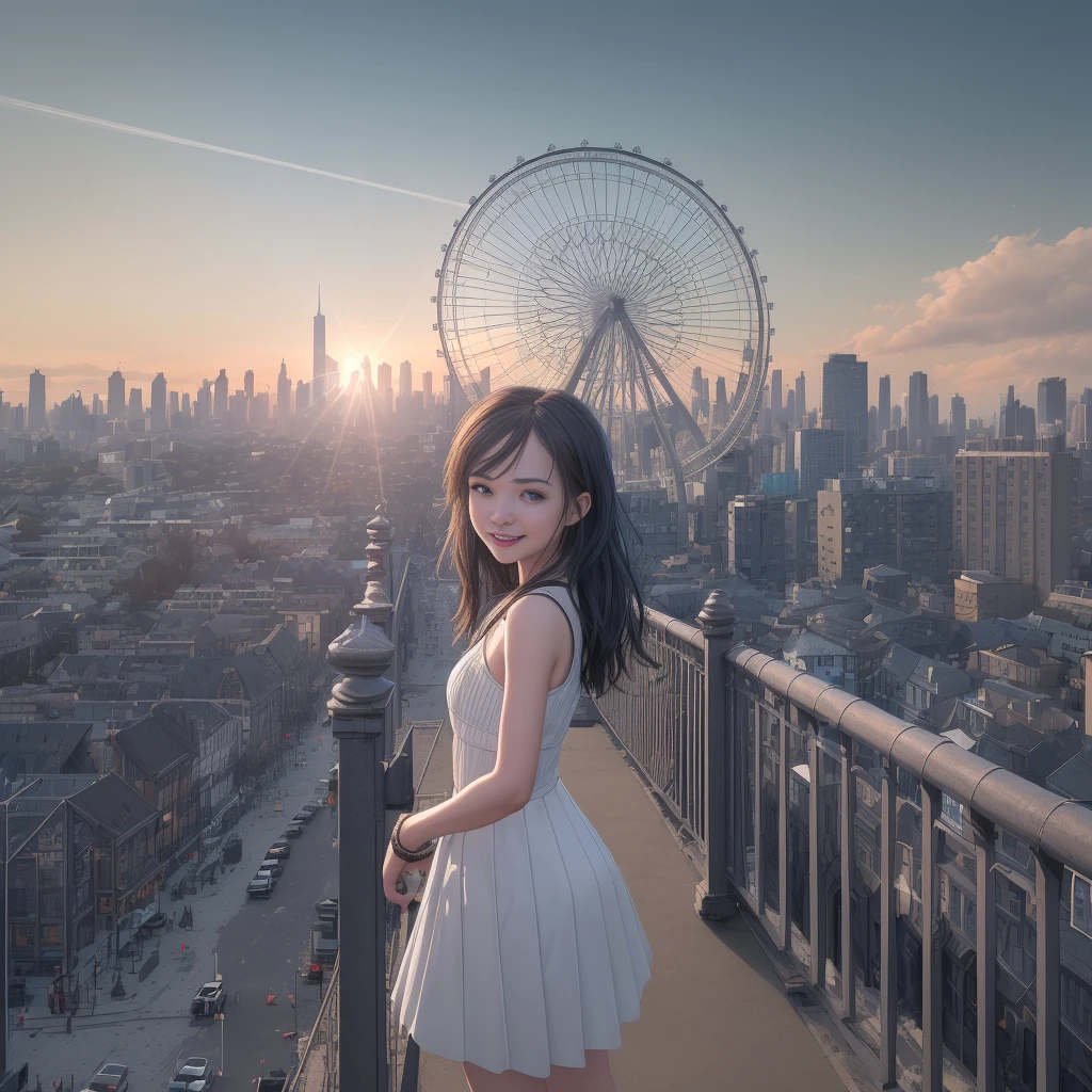 (masterpiece:1.2) (best quality) (detailed) (intricate) (8k) (HDR) (wallpaper) (cinematic lighting) (sharp focus),1 girl, building, chain-link_fence, fence, skyscraper, cityscape, ferris_wheel, blue_sky, city, racket, sky, blush, tennis_racket, skyline, rooftop, architecture, smile, day, east_asian_architecture, lens_flare, tower, bridge, house, open_mouth, real_world_location, Abigail 