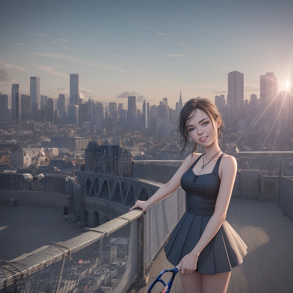 (masterpiece:1.2) (best quality) (detailed) (intricate) (8k) (HDR) (wallpaper) (cinematic lighting) (sharp focus),1 girl, building, chain-link_fence, fence, skyscraper, cityscape, ferris_wheel, blue_sky, city, racket, sky, blush, tennis_racket, skyline, rooftop, architecture, smile, day, east_asian_architecture, lens_flare, tower, bridge, house, open_mouth, real_world_location, Abigail 