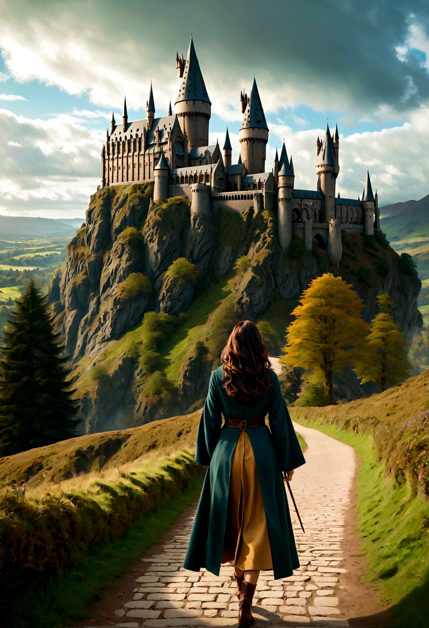 1 girl walking towards Hogwarts School of Witchcraft and Wizardry, looks like kaya scodelario, beautiful detailed eyes, beautiful detailed lips, extremely detailed face, long eyelashes, , wand in hand, casting spells, fantasy landscape, cloudy sky, Hogwarts castle in the distance, (best quality,4k,8k,highres,masterpiece:1.2),ultra-detailed,(realistic,photorealistic,photo-realistic:1.37),fantasy art,cinematic lighting,vibrant colors